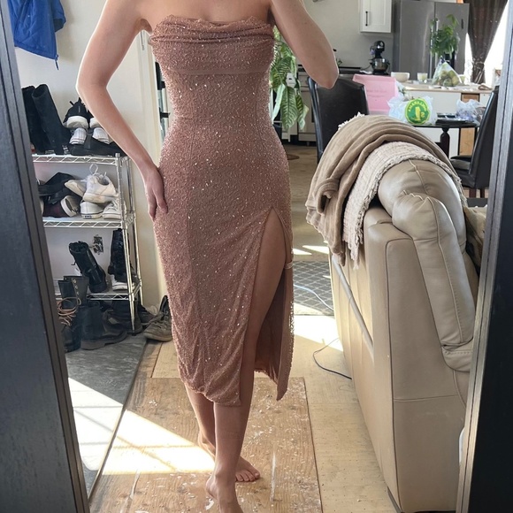 COPY - OH POLLY VERBIER Embellished Bandeau Cowl Neck Midi Dress in Nude - Picture 3 of 3